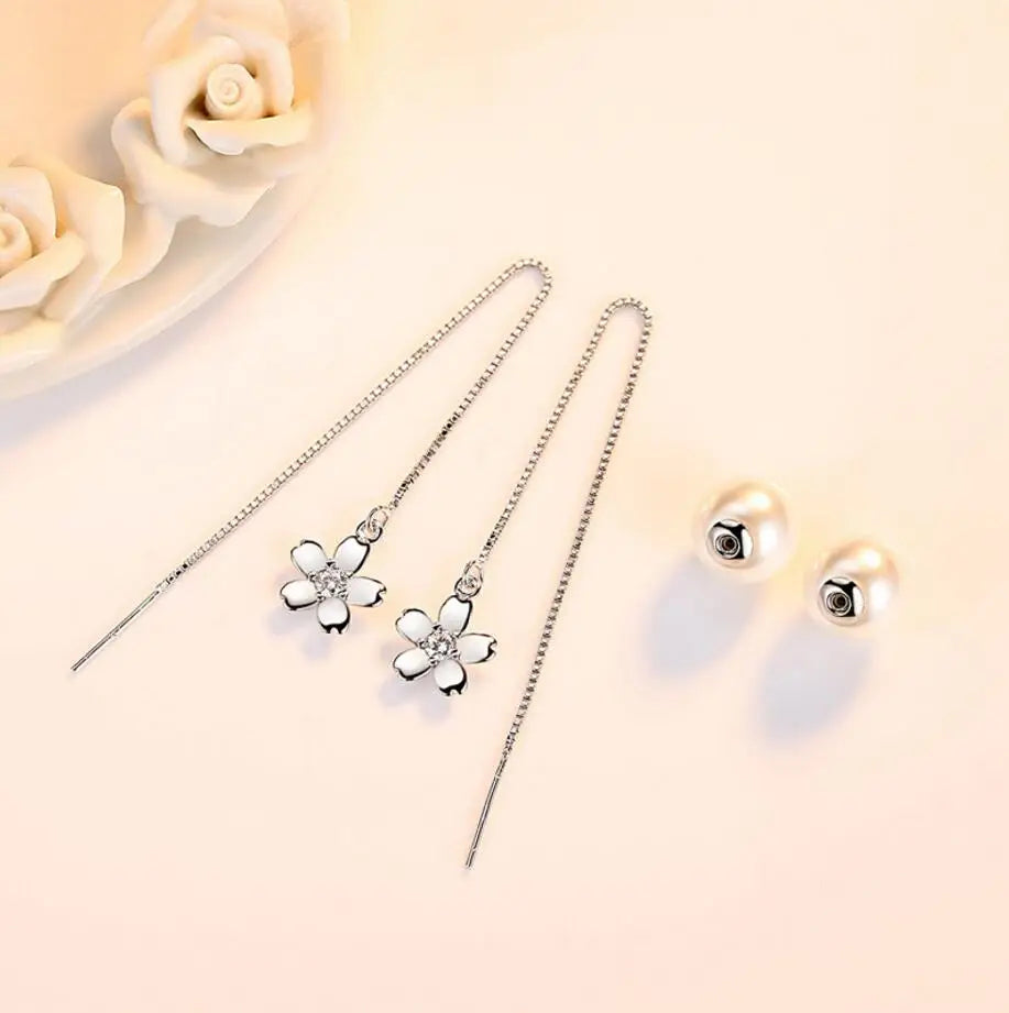 925 sterling Silver Earrings For Women Zirconia Cherry Pearl Long Ear Line Tassel Earrings pendientes S-E449