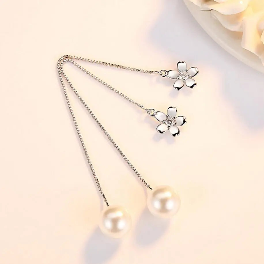 925 sterling Silver Earrings For Women Zirconia Cherry Pearl Long Ear Line Tassel Earrings pendientes S-E449