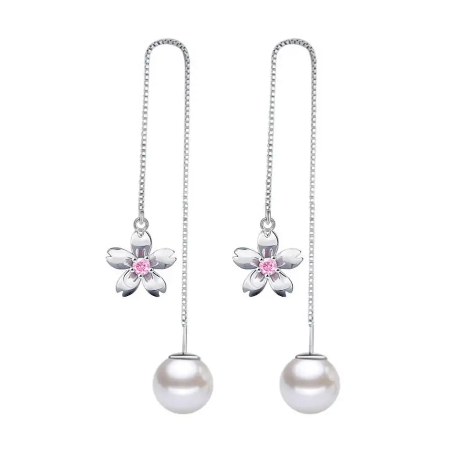 925 sterling Silver Earrings For Women Zirconia Cherry Pearl Long Ear Line Tassel Earrings pendientes S-E449