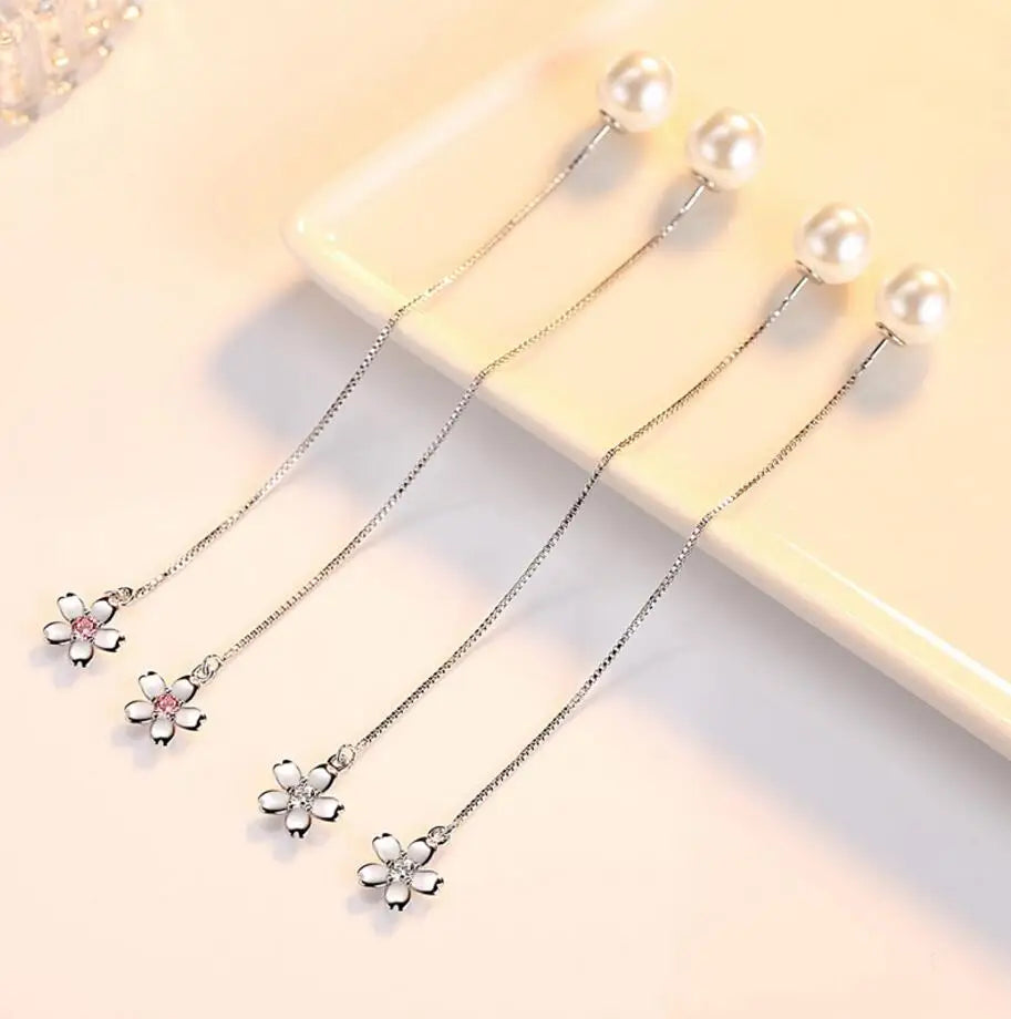 925 sterling Silver Earrings For Women Zirconia Cherry Pearl Long Ear Line Tassel Earrings pendientes S-E449