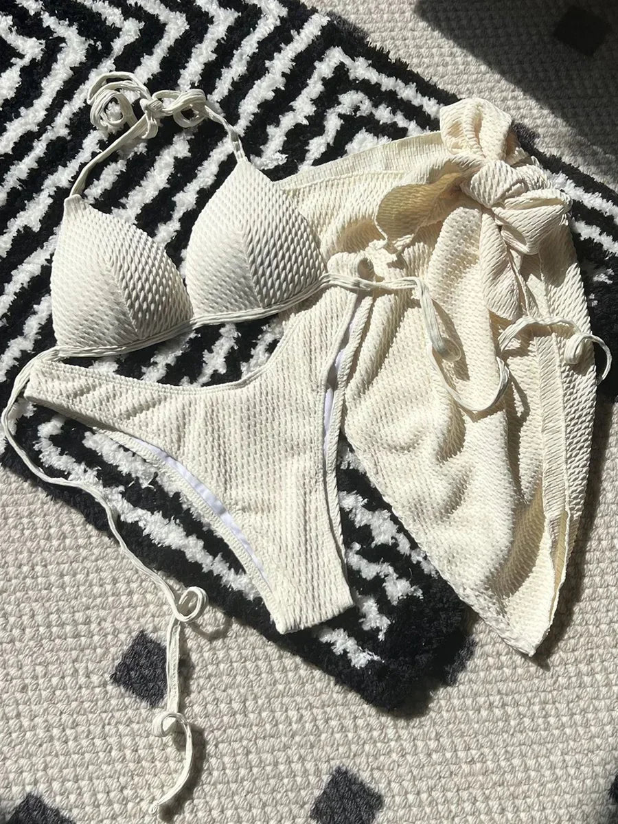 With Beach Sarong Bra Cup Wrinkled Bikini Female Swimsuit Women Swimwear Three-pieces Bikini Set Push Up Bathing Suit Swim Lady