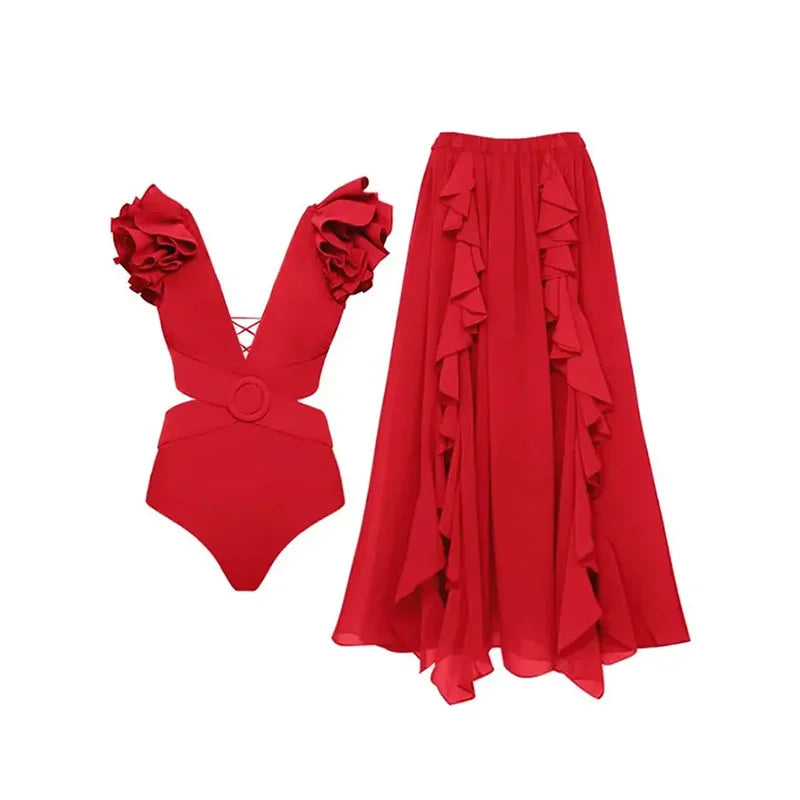 High Waist Push Up Bikini Set 2025 3D Flower Swimsuit Dress Women Print 3 Pieces Swimwear Ruffle Beach Bathing Suit Skirt Femme