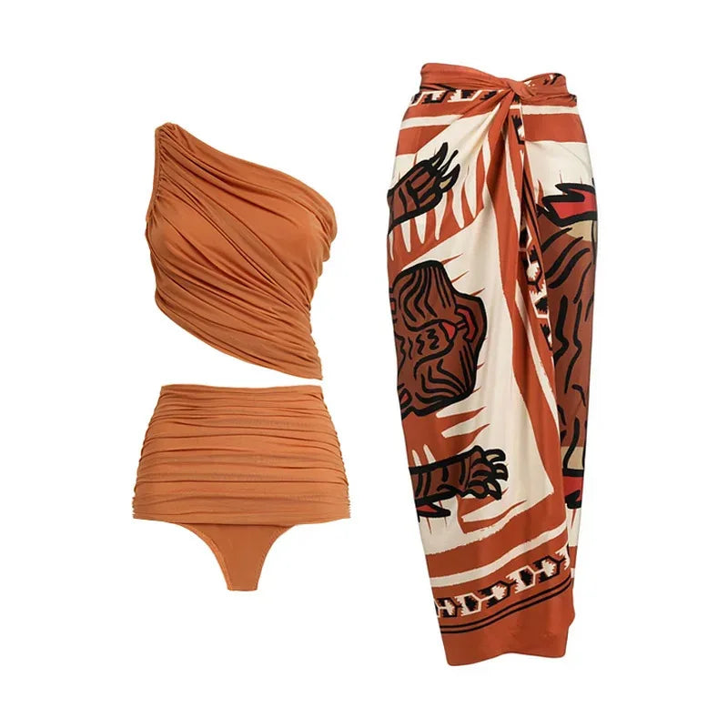High Waist Push Up Bikini Set 2025 3D Flower Swimsuit Dress Women Print 3 Pieces Swimwear Ruffle Beach Bathing Suit Skirt Femme