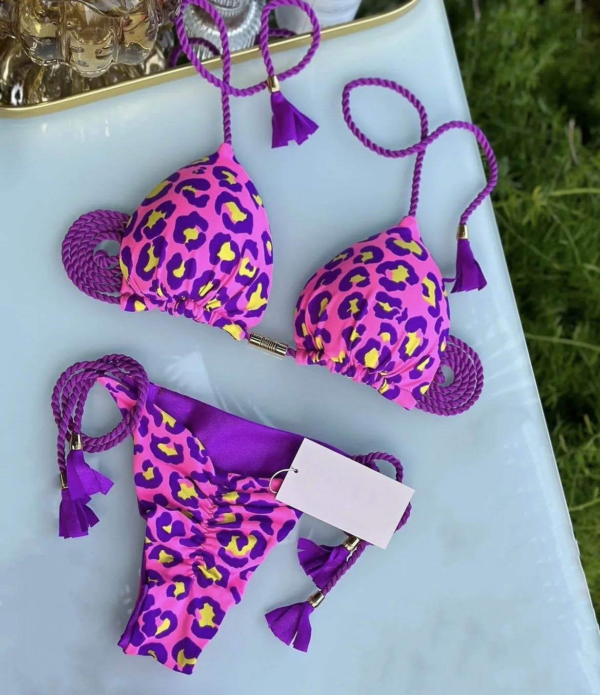 Sexy Leopard Print Bandage Bikini Set Triangle Swimsuit Push Up Swimsuit Beach Tie Bikini Set Summer Beach Outfit Thong Swimsuit
