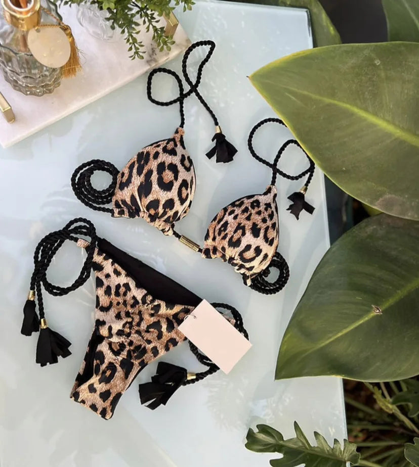 Sexy Leopard Print Bandage Bikini Set Triangle Swimsuit Push Up Swimsuit Beach Tie Bikini Set Summer Beach Outfit Thong Swimsuit