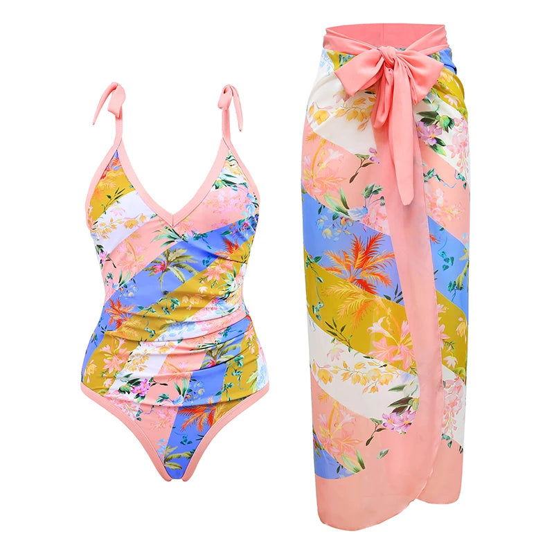 High Waist Push Up Bikini Set 2025 3D Flower Swimsuit Dress Women Print 3 Pieces Swimwear Ruffle Beach Bathing Suit Skirt Femme