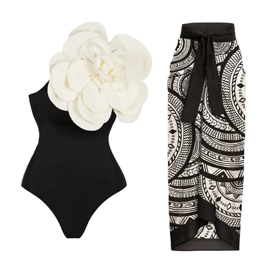High Waist Push Up Bikini Set 2025 3D Flower Swimsuit Dress Women Print 3 Pieces Swimwear Ruffle Beach Bathing Suit Skirt Femme