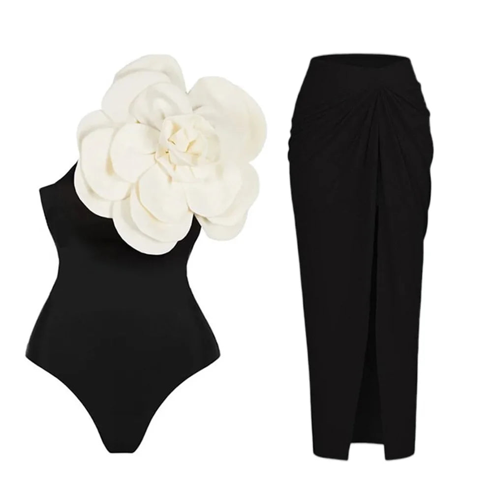 High Waist Push Up Bikini Set 2025 3D Flower Swimsuit Dress Women Print 3 Pieces Swimwear Ruffle Beach Bathing Suit Skirt Femme