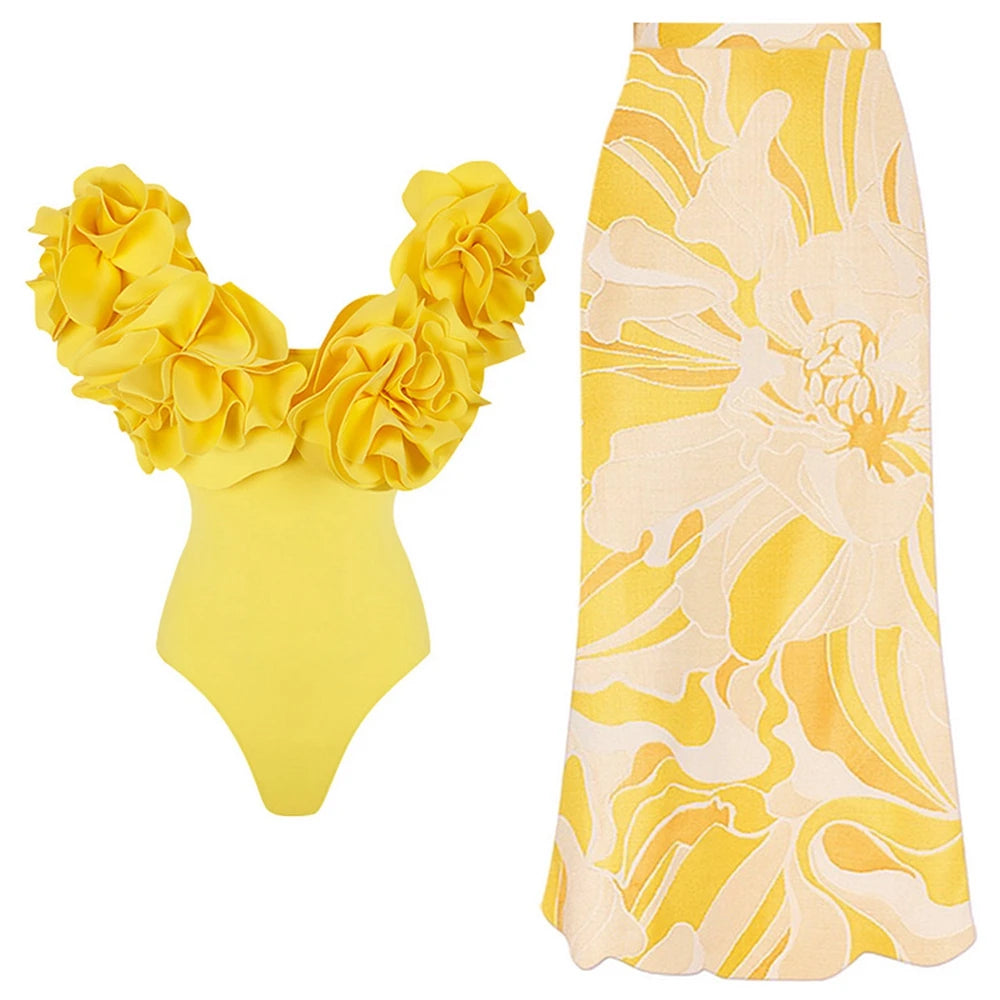 High Waist Push Up Bikini Set 2025 3D Flower Swimsuit Dress Women Print 3 Pieces Swimwear Ruffle Beach Bathing Suit Skirt Femme