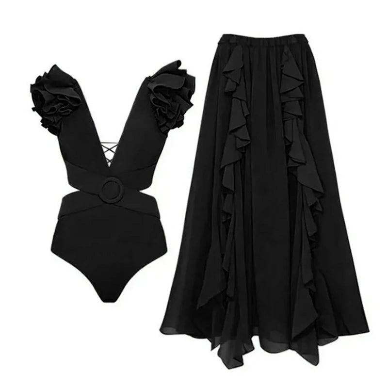 High Waist Push Up Bikini Set 2025 3D Flower Swimsuit Dress Women Print 3 Pieces Swimwear Ruffle Beach Bathing Suit Skirt Femme