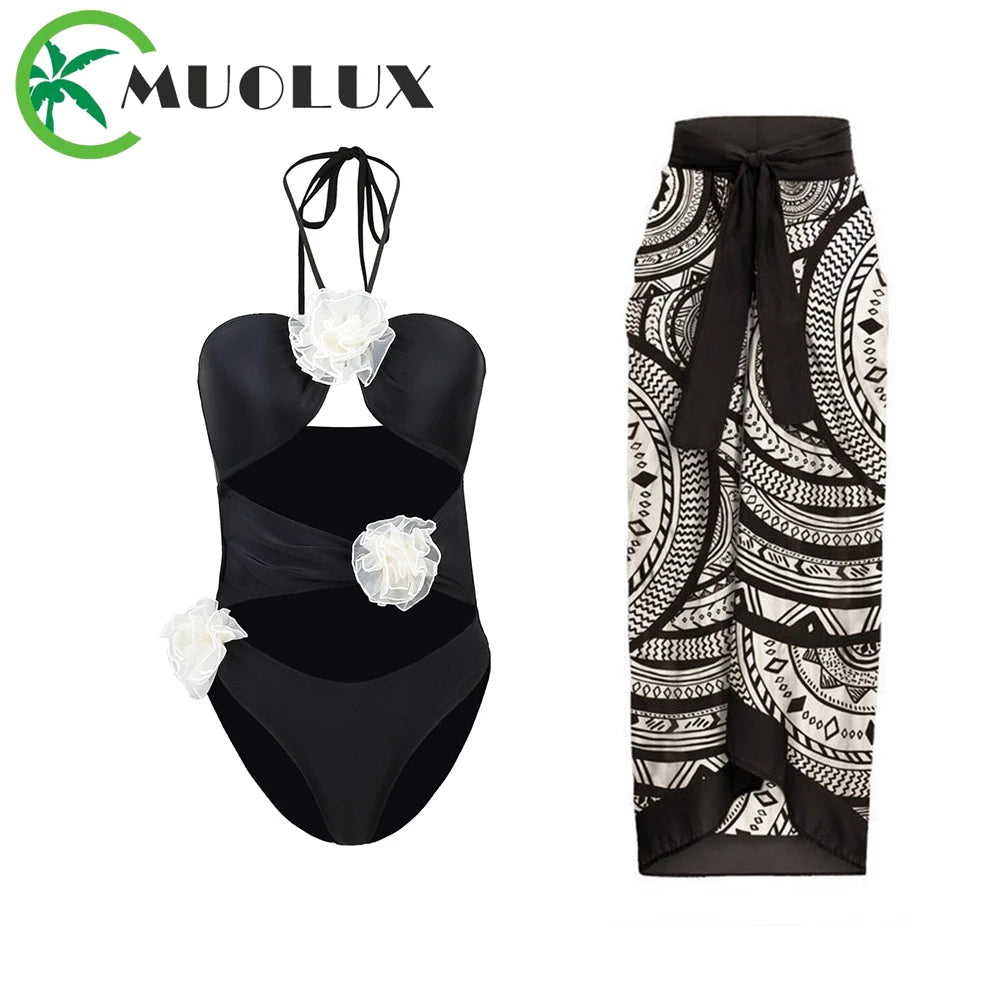 High Waist Push Up Bikini Set 2025 3D Flower Swimsuit Dress Women Print 3 Pieces Swimwear Ruffle Beach Bathing Suit Skirt Femme