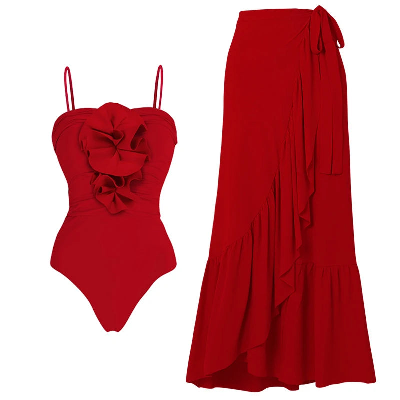 High Waist Push Up Bikini Set 2025 3D Flower Swimsuit Dress Women Print 3 Pieces Swimwear Ruffle Beach Bathing Suit Skirt Femme