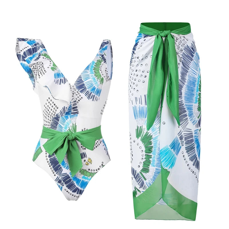 High Waist Push Up Bikini Set 2025 3D Flower Swimsuit Dress Women Print 3 Pieces Swimwear Ruffle Beach Bathing Suit Skirt Femme