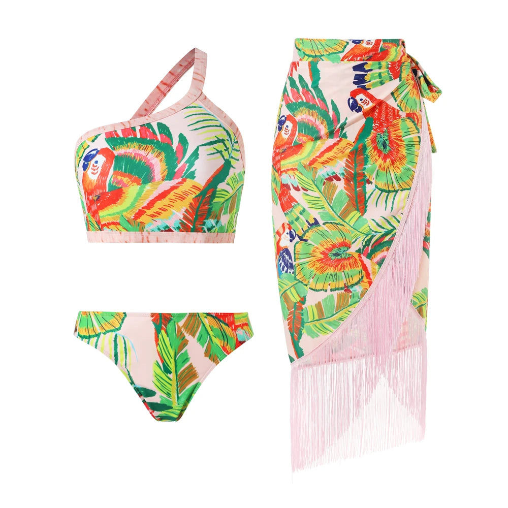 High Waist Push Up Bikini Set 2025 3D Flower Swimsuit Dress Women Print 3 Pieces Swimwear Ruffle Beach Bathing Suit Skirt Femme