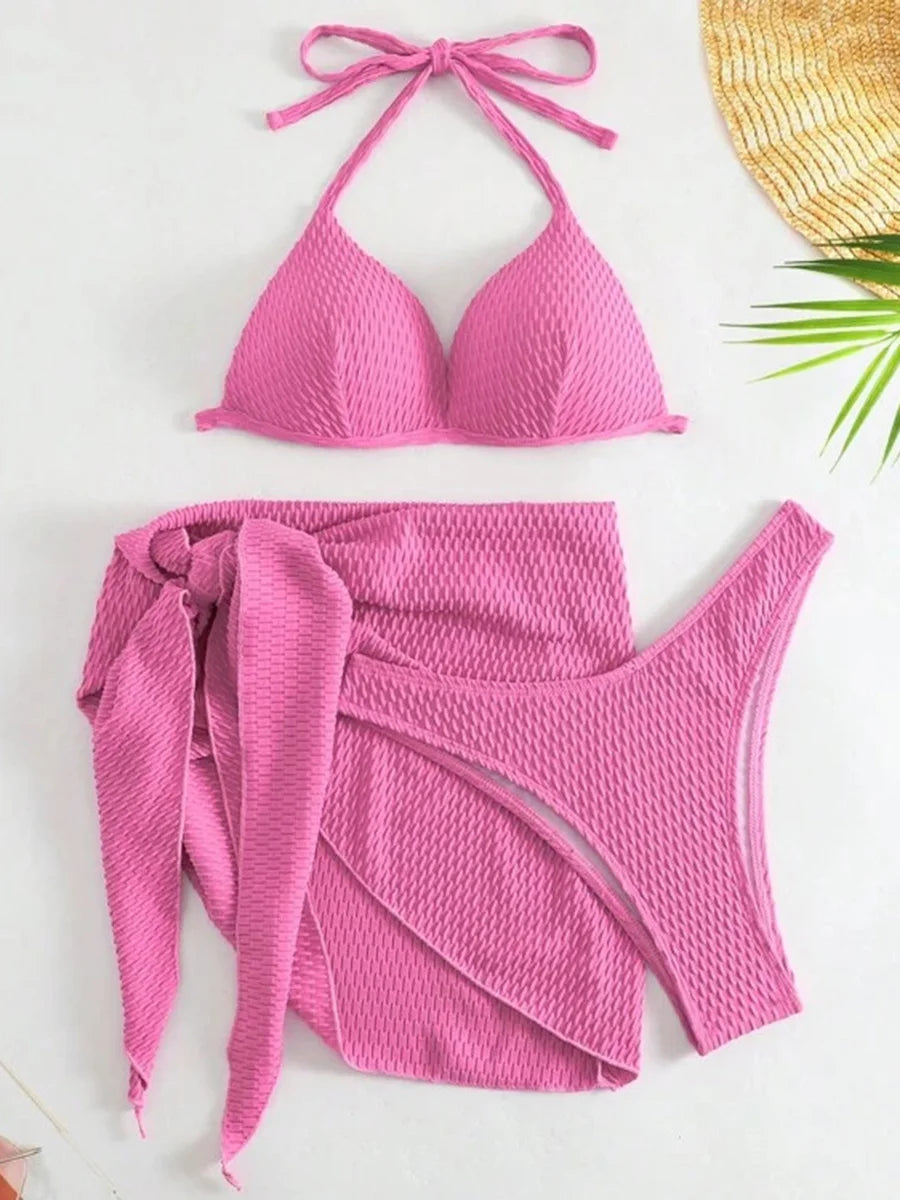With Beach Sarong Bra Cup Wrinkled Bikini Female Swimsuit Women Swimwear Three-pieces Bikini Set Push Up Bathing Suit Swim Lady