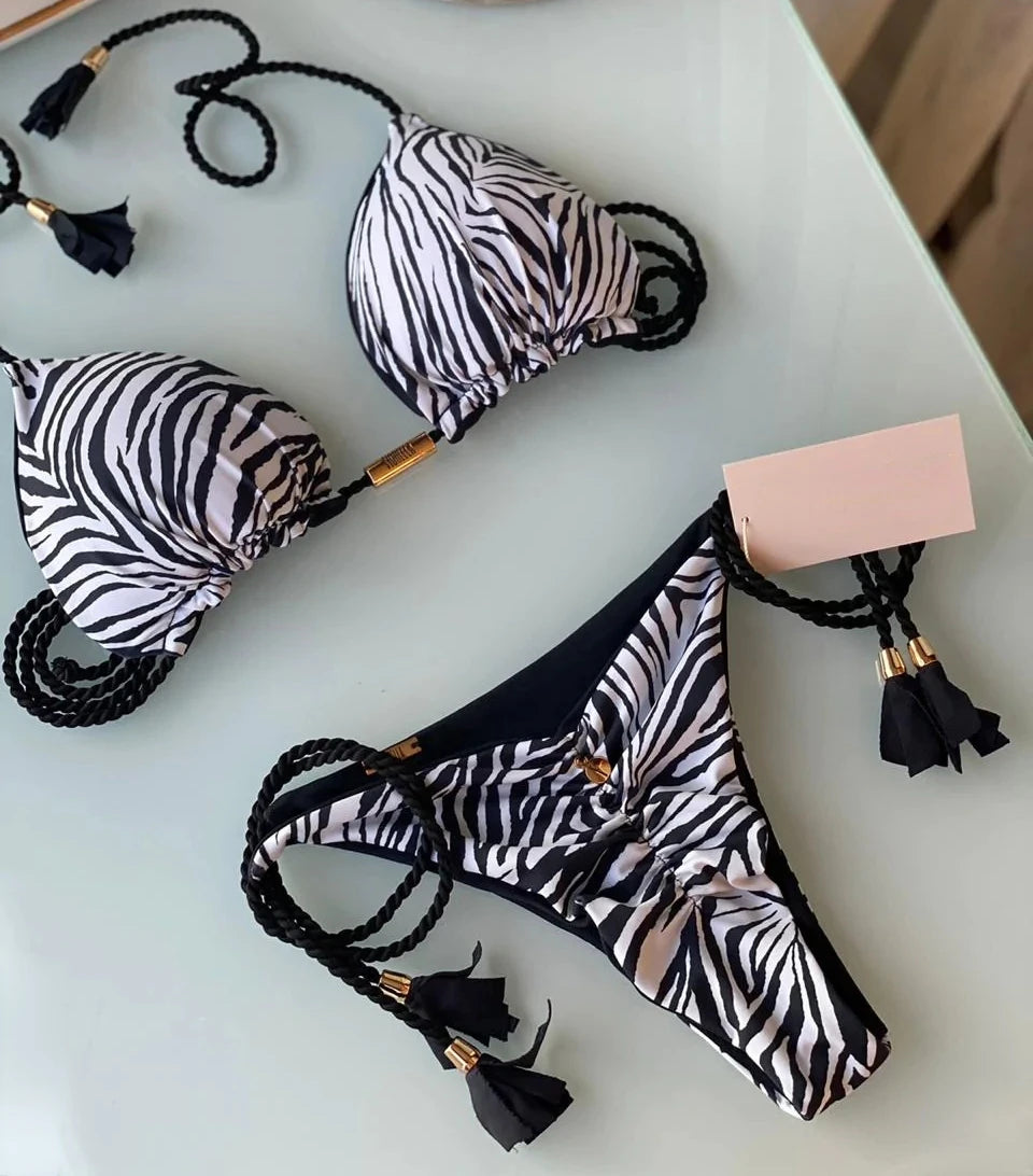 Sexy Leopard Print Bandage Bikini Set Triangle Swimsuit Push Up Swimsuit Beach Tie Bikini Set Summer Beach Outfit Thong Swimsuit