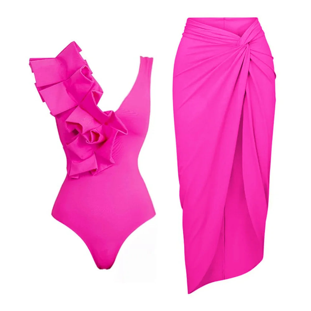 High Waist Push Up Bikini Set 2025 3D Flower Swimsuit Dress Women Print 3 Pieces Swimwear Ruffle Beach Bathing Suit Skirt Femme