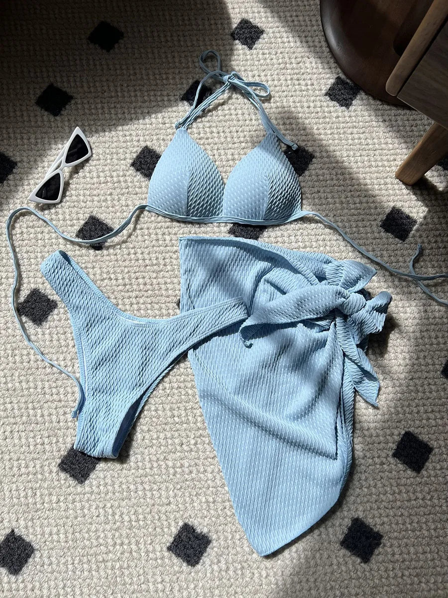 With Beach Sarong Bra Cup Wrinkled Bikini Female Swimsuit Women Swimwear Three-pieces Bikini Set Push Up Bathing Suit Swim Lady