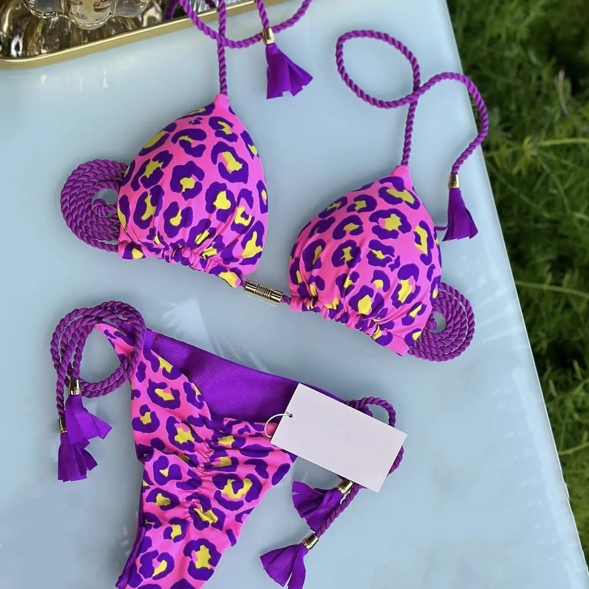 Sexy Leopard Print Bandage Bikini Set Triangle Swimsuit Push Up Swimsuit Beach Tie Bikini Set Summer Beach Outfit Thong Swimsuit