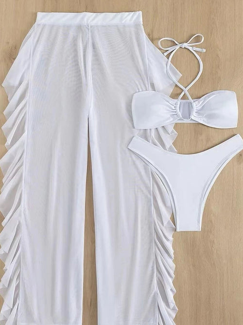 3 Piece Halter Cross Bikini Swimsuit & Sexy Thin Pants Swimwear Women 2026 Solid Bathing Swimming Swim Suit Female Beachwear