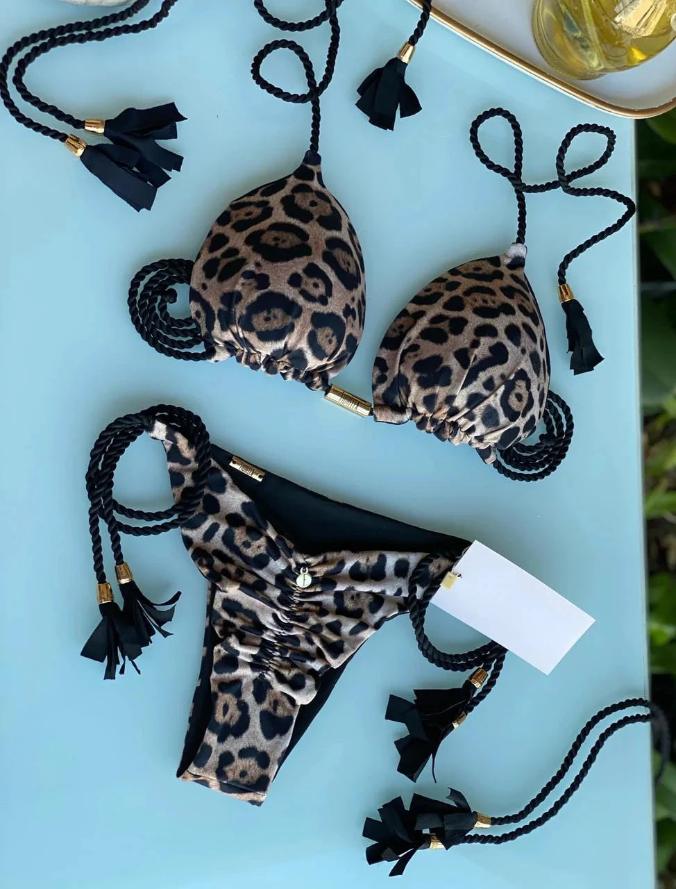 Sexy Leopard Print Bandage Bikini Set Triangle Swimsuit Push Up Swimsuit Beach Tie Bikini Set Summer Beach Outfit Thong Swimsuit