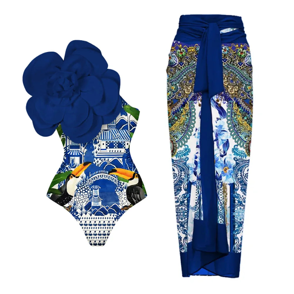 High Waist Push Up Bikini Set 2025 3D Flower Swimsuit Dress Women Print 3 Pieces Swimwear Ruffle Beach Bathing Suit Skirt Femme