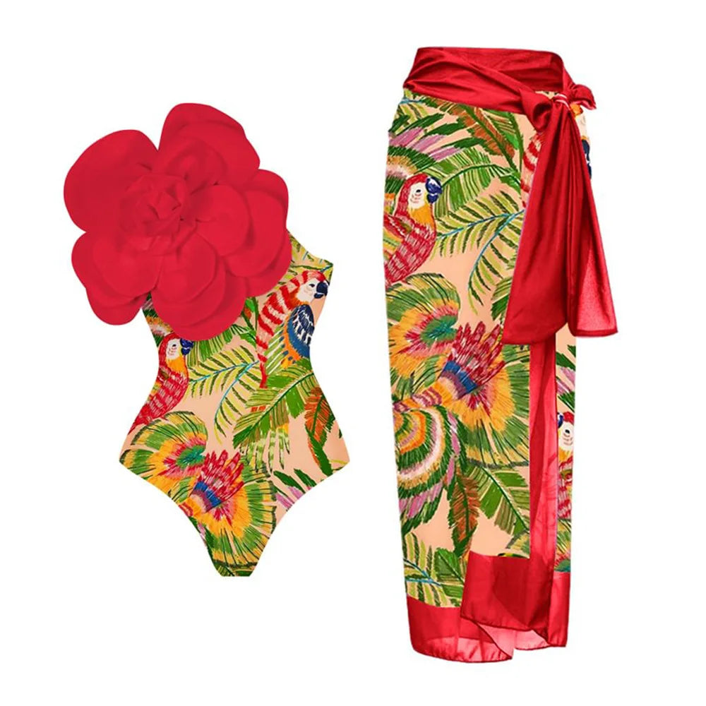 High Waist Push Up Bikini Set 2025 3D Flower Swimsuit Dress Women Print 3 Pieces Swimwear Ruffle Beach Bathing Suit Skirt Femme