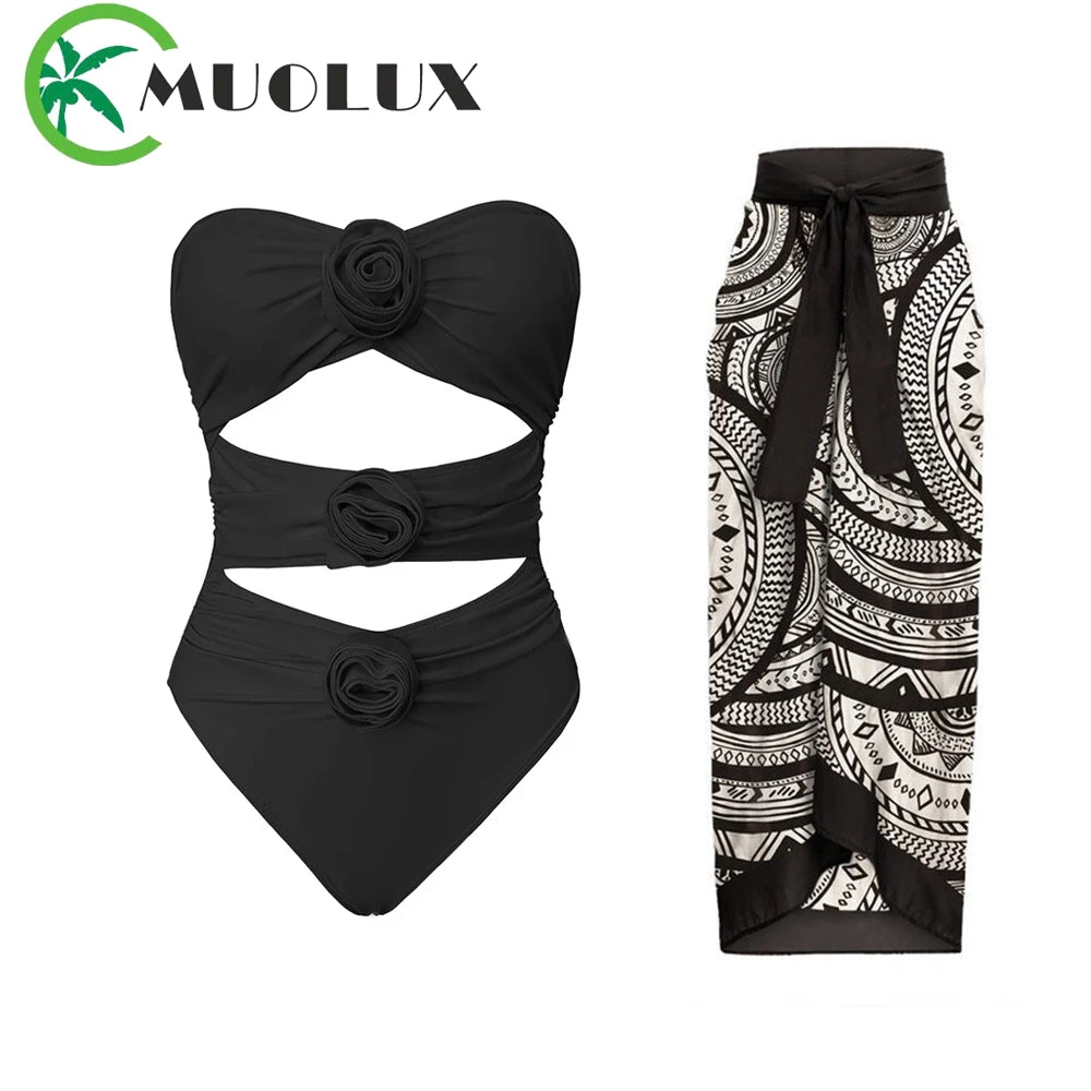High Waist Push Up Bikini Set 2025 3D Flower Swimsuit Dress Women Print 3 Pieces Swimwear Ruffle Beach Bathing Suit Skirt Femme