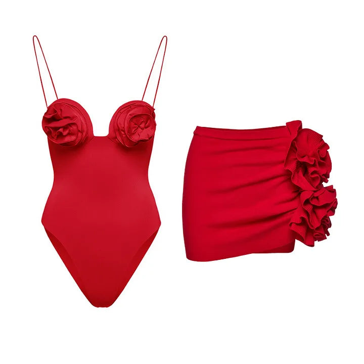 High Waist Push Up Bikini Set 2025 3D Flower Swimsuit Dress Women Print 3 Pieces Swimwear Ruffle Beach Bathing Suit Skirt Femme